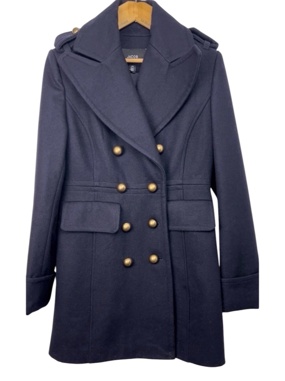 Jacob Wool Blend Military Pea Coat Metal Button sz S Navy Napoleon Parisian Warm